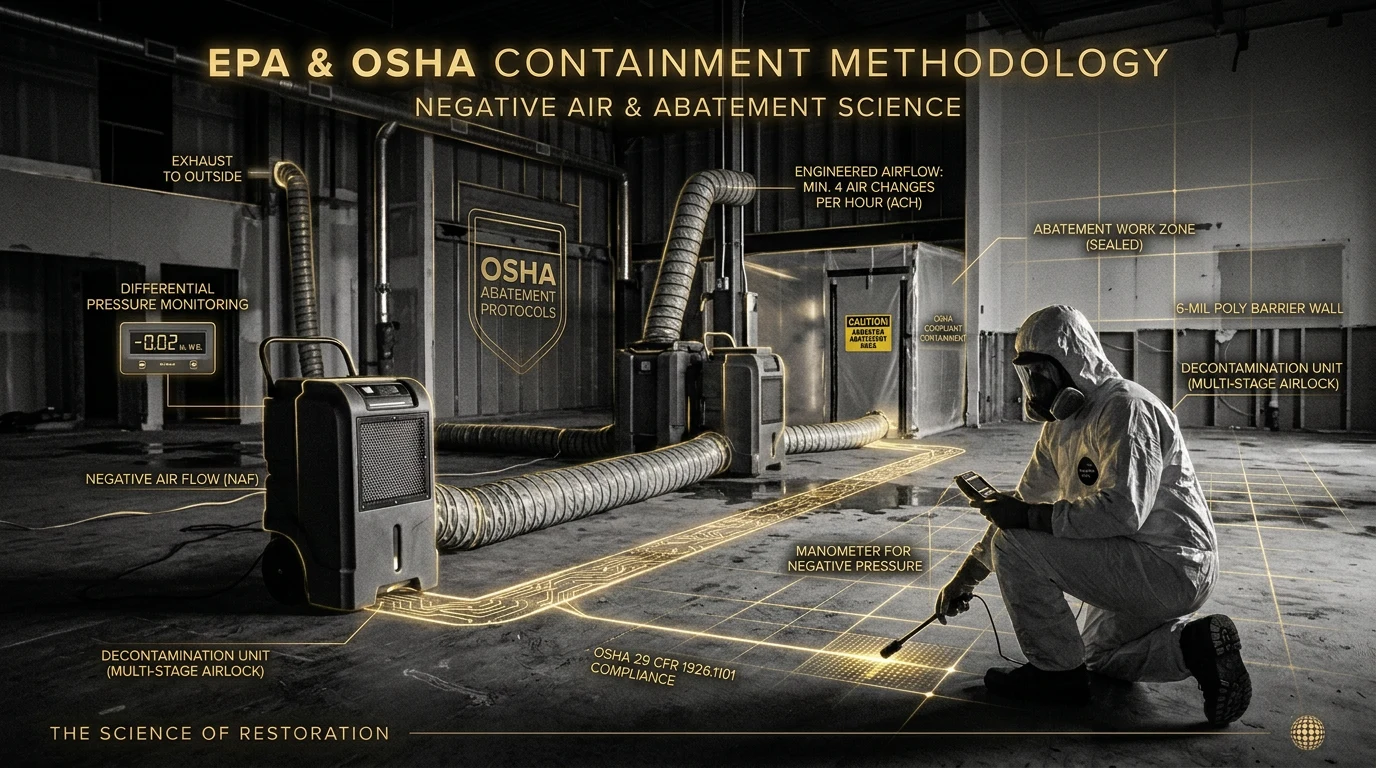 EPA and OSHA containment methodology diagram for negative air and abatement science: a sealed abatement work zone with 6-mil poly barrier walls, HEPA negative-air machines exhausting to outside for a minimum of 4 air changes per hour, differential pressure monitoring at -0.02 inches water column via manometer, a multi-stage decontamination airlock, and a respirator-clad technician taking readings, labeled to OSHA 29 CFR 1926.1101 compliance.