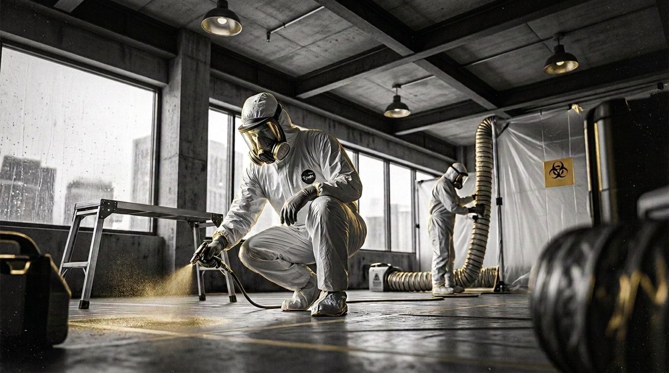 A biohazard cleanup scene under containment