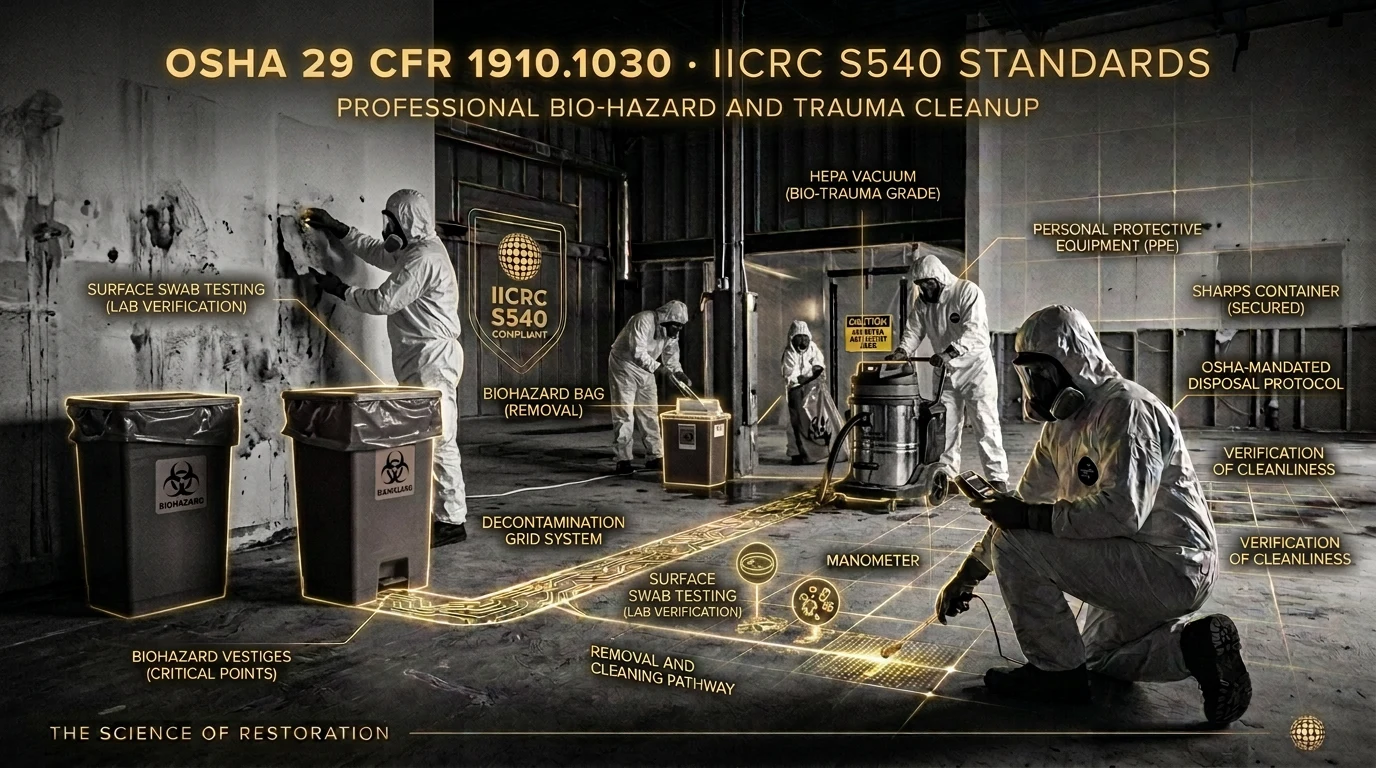 OSHA 29 CFR 1910.1030 and IICRC S540 biohazard and trauma cleanup method: technicians in full PPE working inside a containment with HEPA vacuuming, surface swab verification, decontamination grid, and secured biohazard waste handling.