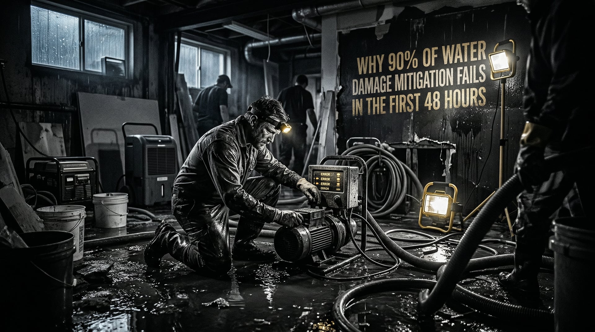 Air movers staged across a flooded commercial floor under emergency work lights