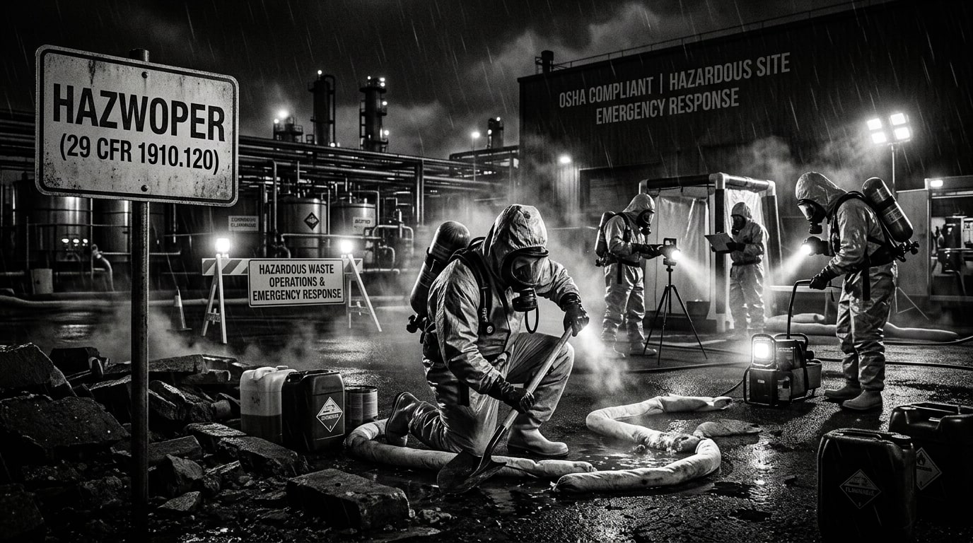An environmental response crew staging absorbent and containment at a chemical release under low light