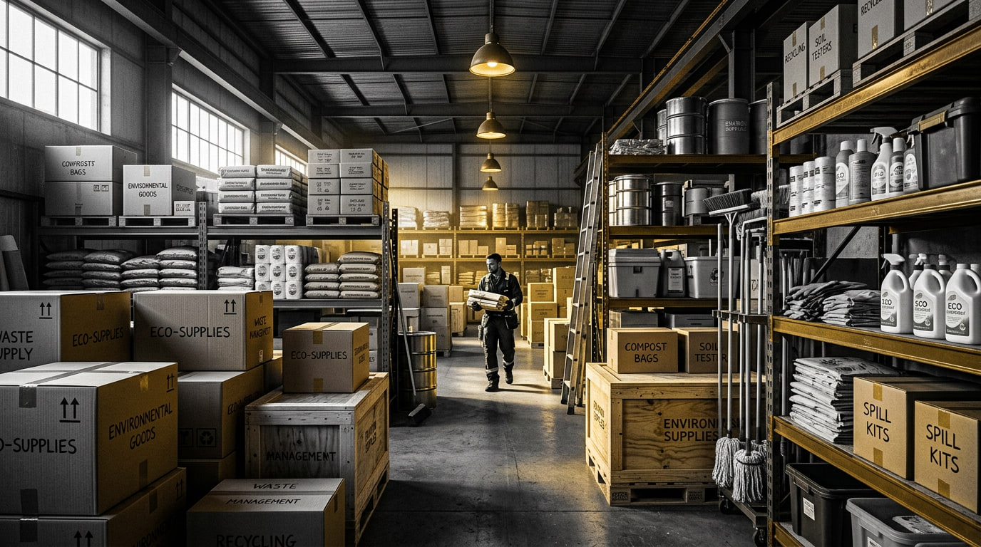 A facilities supply stockroom lined with shelved cleaning chemicals, mops, filters, and cased consumables, with a worker carrying stock down the aisle