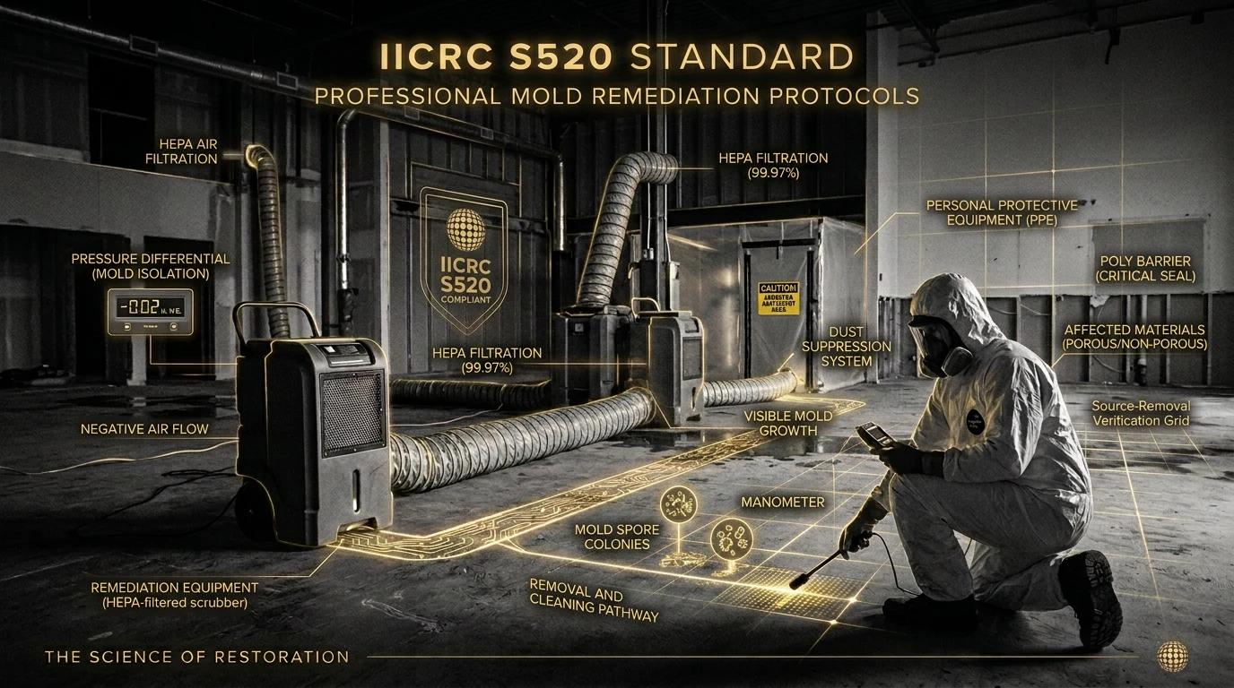 IICRC S520 mold remediation method: a containment enclosure under negative pressure with HEPA air filtration and a technician in PPE inspecting affected materials, annotated with pressure differential, HEPA filtration efficiency, poly barrier, and source-removal verification.